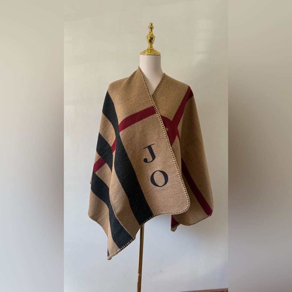 Tan, Black & Red Striped Cape Poncho “JO” initials